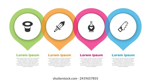 Set Magic hat, espada medieval, botella con poción de amor y sierra de mano. Plantilla de infografía empresarial. Vector