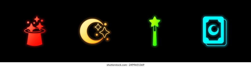 Set Magic hat, Moon and stars, wand and Tarot cards icon. Vector