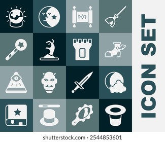 Conjunto Sombrero mágico, luna y estrellas, sandalia Hermes, pergamino, mano zombi, varita, bola e icono de torre del castillo. Vector