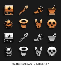 Set Magic hat, Mortar and pestle, Skull, Rabbit with ears, ball, Psilocybin mushroom, Ancient magic book and staff icon. Vector