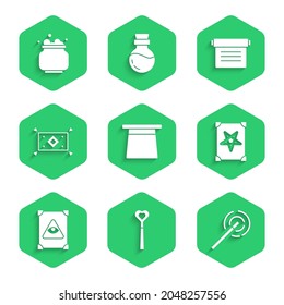 Set Magic hat, wand, Ancient magic book, carpet,  and Witch cauldron icon. Vector