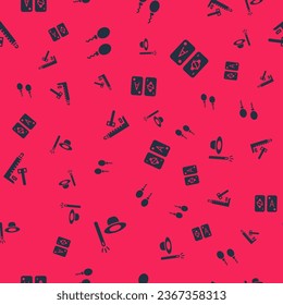 Set Magic hat and wand, Balloons, Striker attraction with hammer and Tarot cards on seamless pattern. Vector