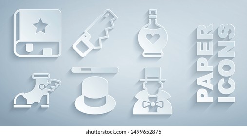 Set Magic hat and wand, Bottle with love potion, Hermes sandal, Magician, Hand saw and Ancient magic book icon. Vector