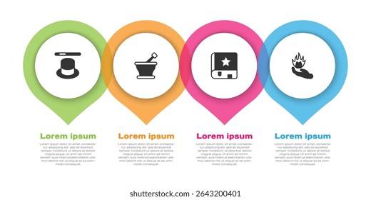 Set Magic hat and wand, Mortar pestle, Ancient magic book and Hand holding fire. Business infographic template. Vector