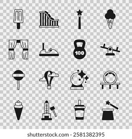 Set Magic hat and wand, Roller coaster, Seesaw, Bumper car, Circus curtain raises, Ice cream and Weight icon. Vector