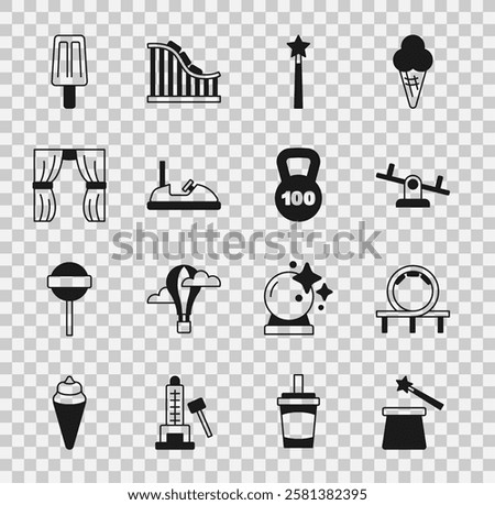 Set Magic hat and wand, Roller coaster, Seesaw, Bumper car, Circus curtain raises, Ice cream and Weight icon. Vector