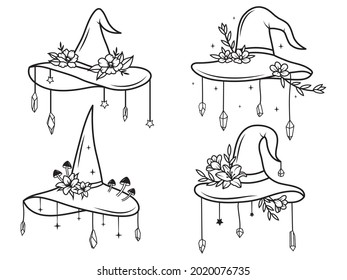 Zauberhut aus Hexen. Sammlung von blumengeschmückten Headressen von Zauberern mit Kristall. Vektorgrafik von Hüten für einen Halloween. 