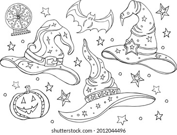 Juego con sombreros mágicos. Ilustración vectorial en blanco y negro de un sombrero de bruja, palo de bromo, bola de cristal. Juego de Halloween, libro de colorear.
