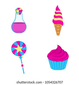 Set of Magic icon. Fantasy World of the Unicorn. Cartoon style. Vector Illustration.