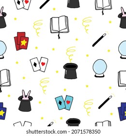 set of magic icon on white background. hat, rabbit, book, crystal ball, card and magic wand illustration. hand drawn vector, seamless pattern. doodle art for wallpaper, wrapping paper and gift, fabric