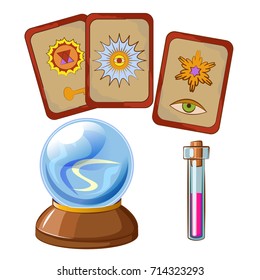 Set of magic icons: magic crystal ball, cards, potion. Cartoon style.