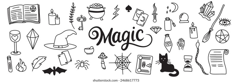 Set of magic icons in doodle style. Hand drawn vector art