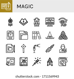 Set of magic icons. Such as File, Dreamcatcher, Mantle, Crystal, Sound editing, Eye of ra, Entertainment, Files, Witch hat, Paganism, Mace, Champagne, Spark, Magician , magic icons