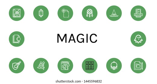 Set of magic icons such as Spellbook, Crystal, File, Dreamcatcher, Witch hat, Entertainment, Rpg game, Wizard, Spell book, Amulet, Haunted house , magic