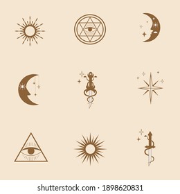 A set of magic icons and symbols - stars, moon, sun, dagger. Template for logo, print, social media in a modern minimalist style. Vector flat illustration