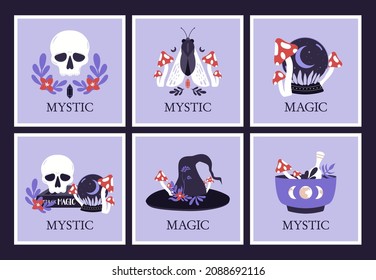 Set magic illustrations of skull, sphere, old book, witch hat, magic herbs, plants, potion.Witchcraft magical cliparts. Collection mystic banners in flat style with text. Vector isolated elements.