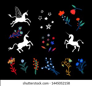 Set of magic illustrations. Unicorn and Pegasus among flowers and herbs. For Halloween and more.