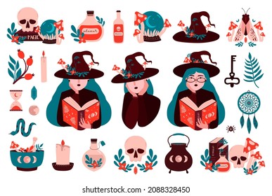 Set magic illustrations of witch, skull, sphere, old book, witch hat, magic herbs, plants, potion.Witchcraft magical cliparts. Esoteric occult  collection in flat style. Vector isolated elements.