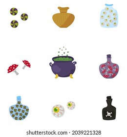 A set of magic ingredients for a witch's potion. The witch's magic cauldron, jars of poison, poison, elixir, potion, Magic symbol for inviting love, greeting cards and print. Design for Halloween