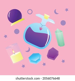 set of magic items magic potion magic ball and candle