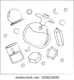 conjunto de objetos mágicos poción mágica bola y vela	 línea
