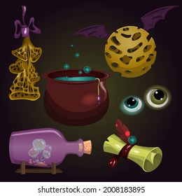 A set of magic items for a witch. Cauldron with a witch's potion, parchment with spells, dried glowing mushrooms. Mushrooms in a magic jar