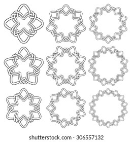 Set of magic knotting circles. Nine annular decorative elements with stripes braiding for your design.