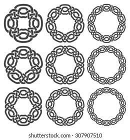 Set of magic knotting circles. Nine annular decorative elements with stripes braiding for your design.