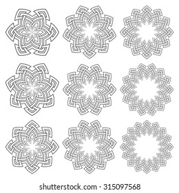 Set of magic knotting circles. Nine decorative logo elements with stripes braiding for your design