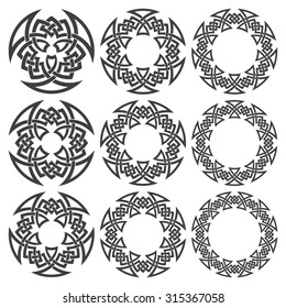 Set of magic knotting circles. Nine decorative logo elements with stripes braiding for your design