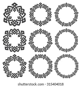 Set of magic knotting circles. Nine decorative logo elements with stripes braiding for your design