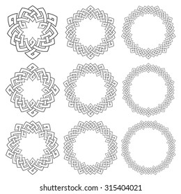 Set of magic knotting circles. Nine decorative logo elements with stripes braiding for your design