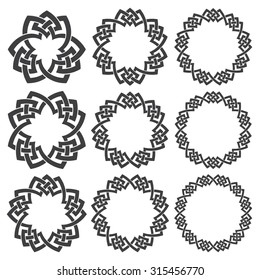 Set of magic knotting circles. Nine decorative logo elements with stripes braiding for your design