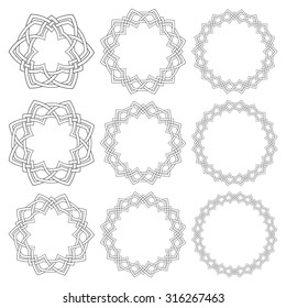 Set of magic knotting circles. Nine decorative logo elements with stripes braiding for your design