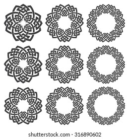 Set of magic knotting circles. Nine decorative logo elements with stripes braiding for your design