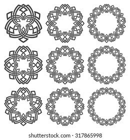 Set of magic knotting circles. Nine decorative logo elements with stripes braiding for your design