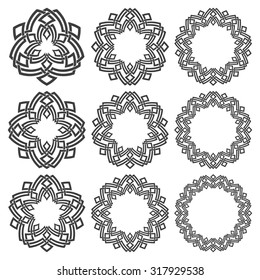 Set of magic knotting circles. Nine decorative logo elements with stripes braiding for your design