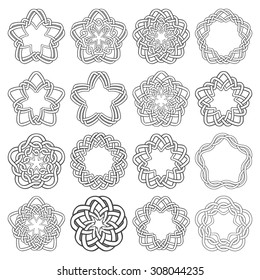 Set of magic knotting circles. Sixteen pentagonal decorative elements with stripes braiding for your logo or monogram frame design. Creative mandalas collection