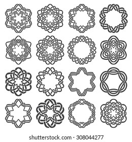 Set of magic knotting circles. Sixteen hexagonal decorative elements with stripes braiding for your logo or monogram frame design. Creative mandalas collection