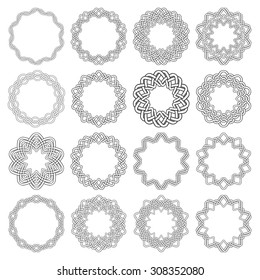 Set of magic knotting circles. Sixteen decagon decorative elements with stripes braiding for your logo or monogram frame design. Creative mandalas collection