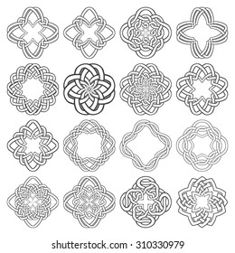 Set of magic knotting circles. Sixteen quadrangular decorative elements with stripes braiding for your logo or monogram frame design. Creative mandalas collection