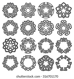 Set of magic knotting circles. Sixteen pentagonal decorative elements with stripes braiding for your logo or monogram frame design. Creative mandalas collection