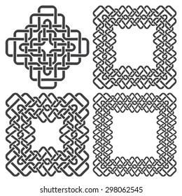 Set of magic knotting frames and celtic cross. 4 square decorative elements with stripes braiding for your design.
