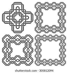 Set of magic knotting frames and celtic cross. 4 square decorative elements with stripes braiding for your design.