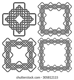 Set of magic knotting frames and celtic cross. 4 square decorative elements with stripes braiding for your design.