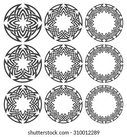 Set of magic knotting mandalas. Nine circular decorative elements with stripes braiding for your design