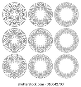 Set of magic knotting mandalas. Nine circular decorative elements with stripes braiding for your design