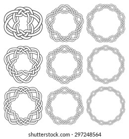 Set of magic knotting rings. Nine circular decorative elements with stripes braiding for your design.