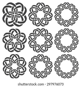 Set of magic knotting rings. Nine circular decorative elements with stripes braiding for your design.