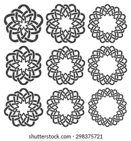 Set of magic knotting rings. Nine circular decorative elements with stripes braiding for your design.